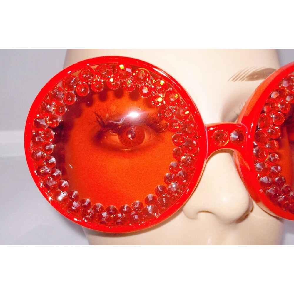 SUNGLASSES OVERSIZED ROUND FRAMES RED W/ DOUBLE RED RHINESTONES